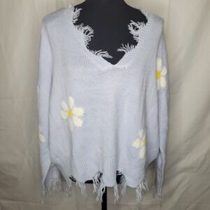 Polly Esther Light‎ Blue Daisy Distressed V-Neck Sweater Women's Size L